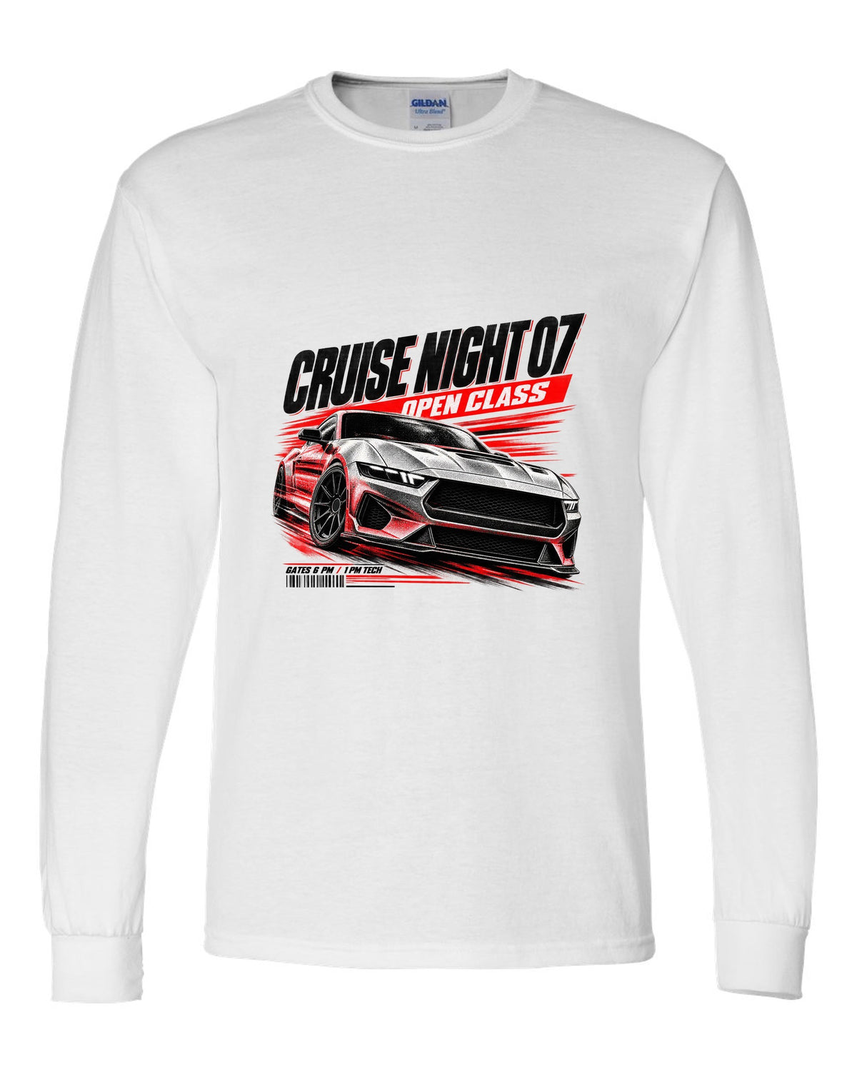 Ford Mustang S650 GT race poster print reading Cruise Night 07 Open Class white long sleeve front view with the design