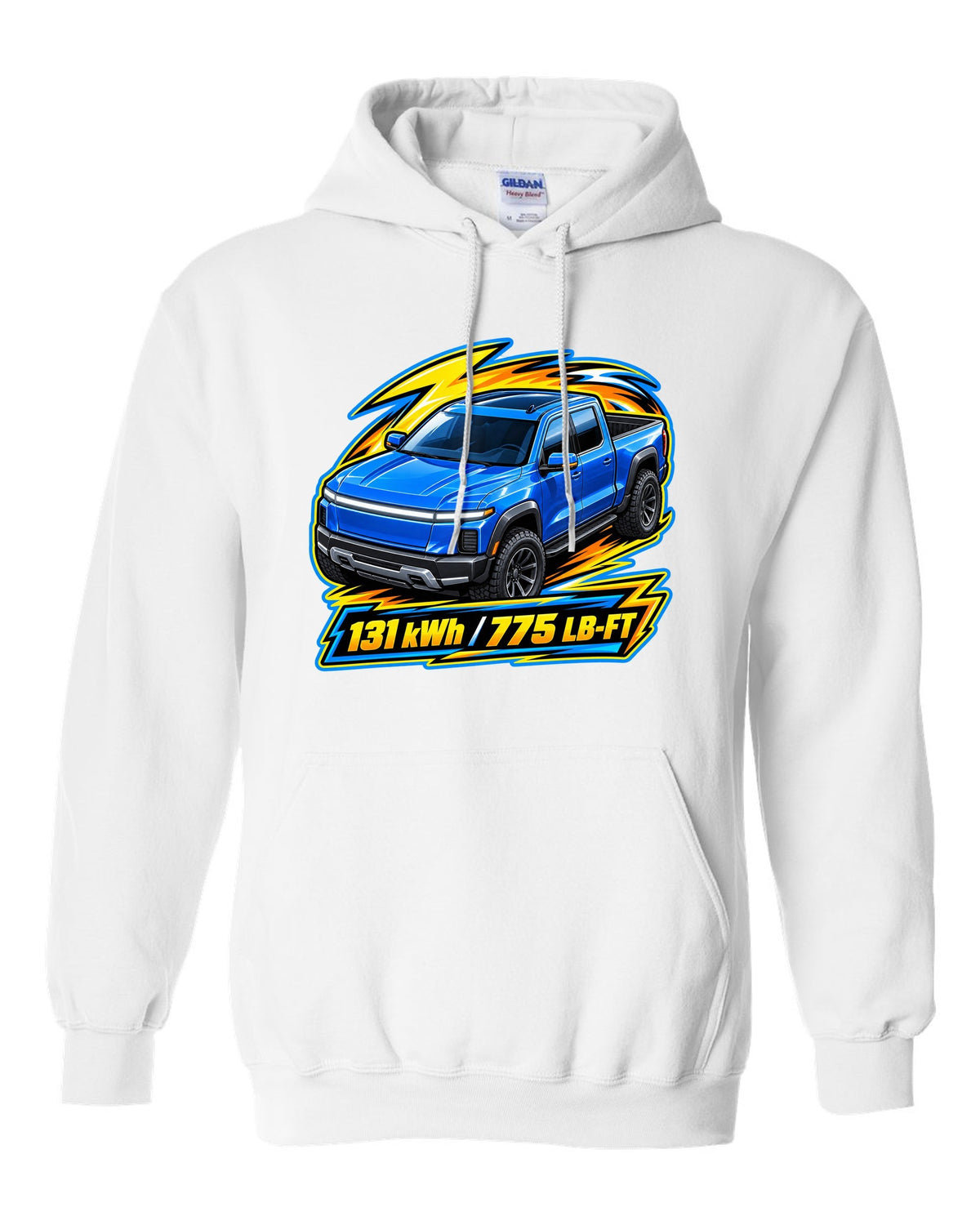 Ford F-150 Lightning EV on a die-cast toy card style print white pull over hoodie front view with the design