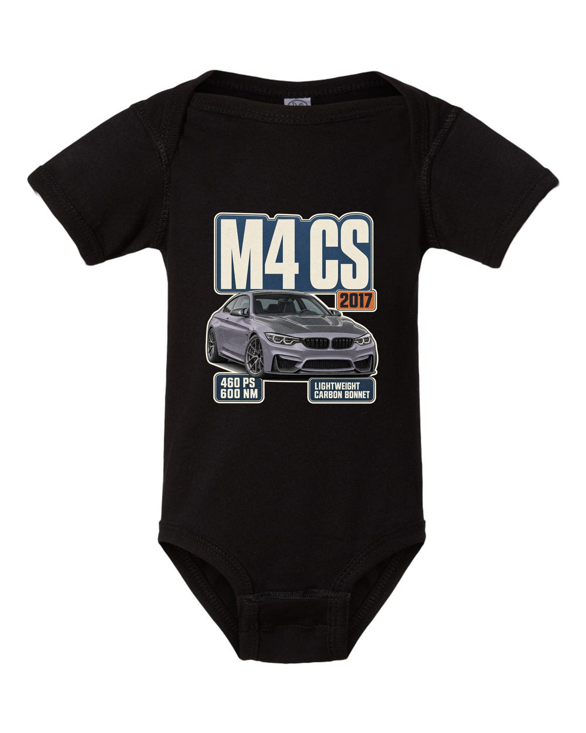 BMW M4 CS F82 editorial headline print design black baby onesie front view with the design