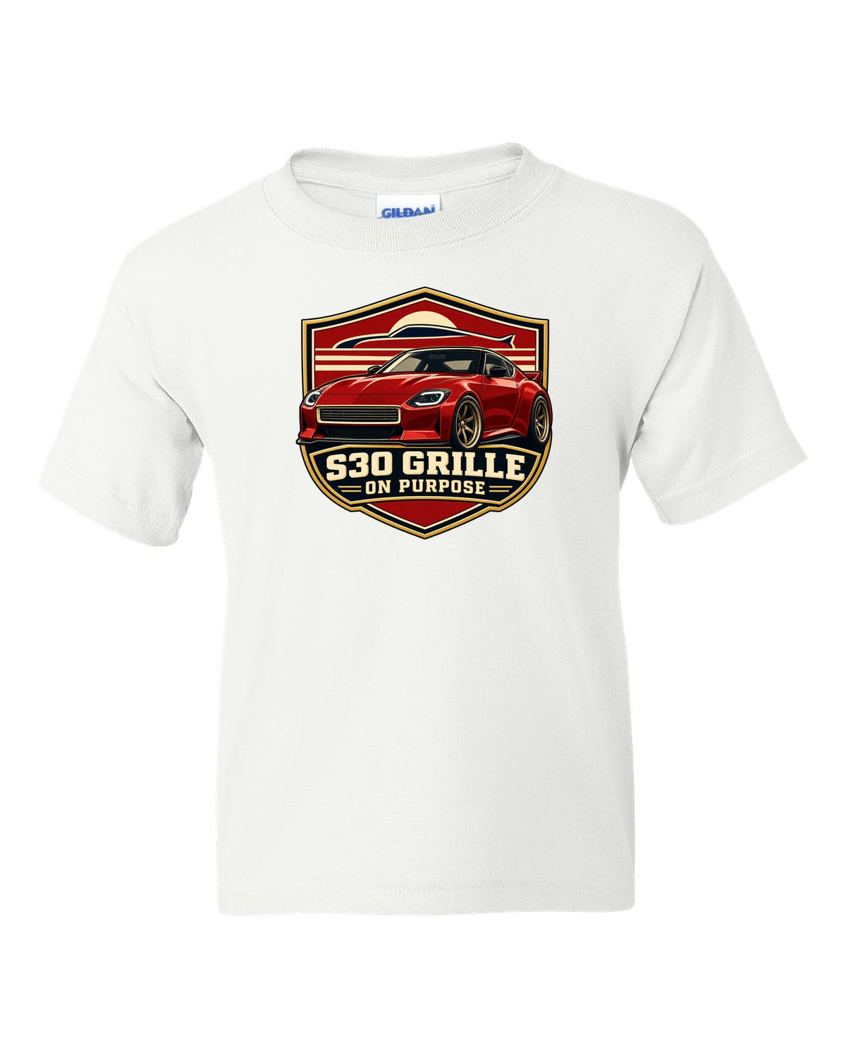 Shield crest print for the Nissan Z RZ34 referencing the S30 grille white kids tee front view with the design