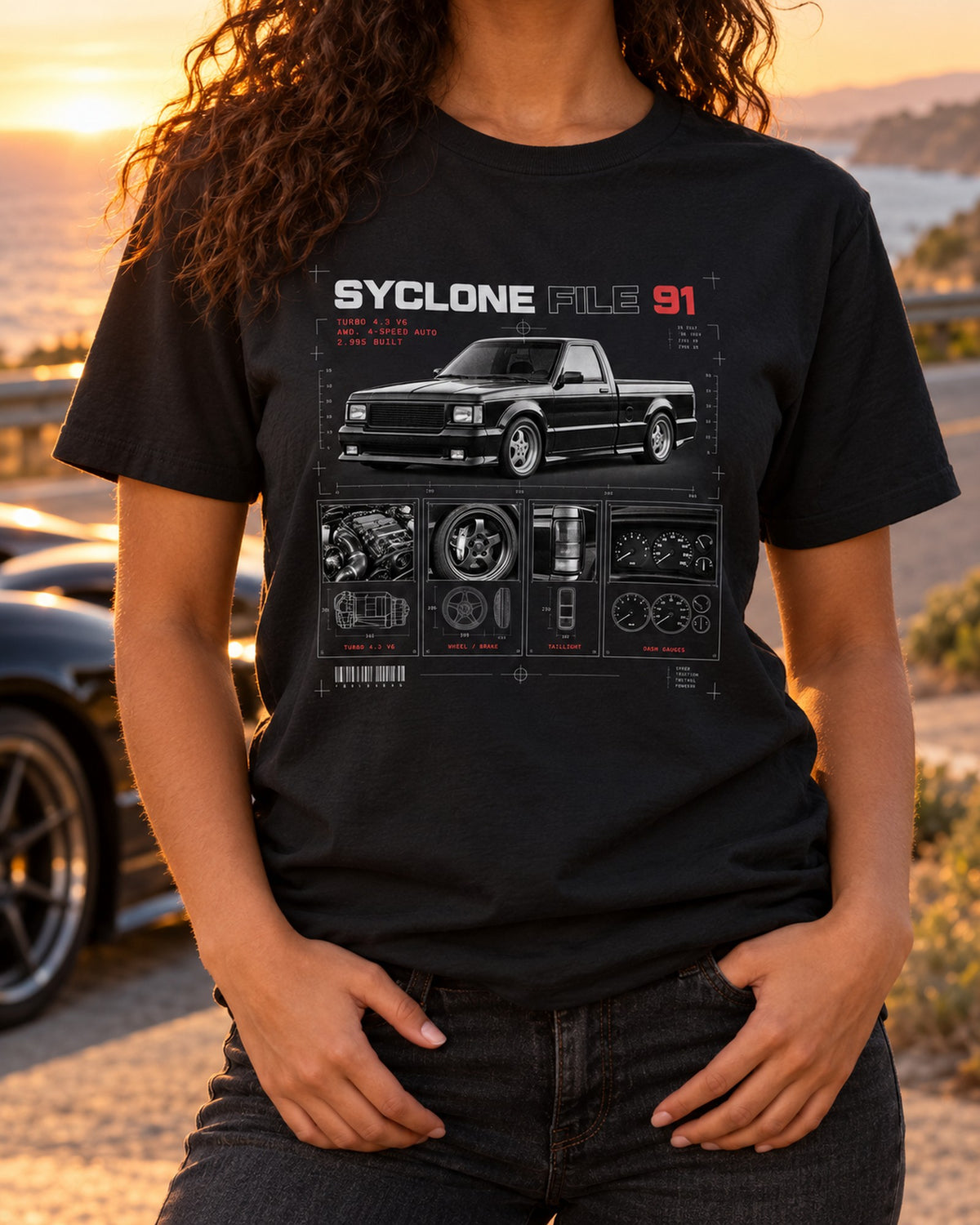 GMC Syclone 1991 Dossier Panels Shirt, Turbo 4.3 V6 AWD T-Shirt Black worn hero
