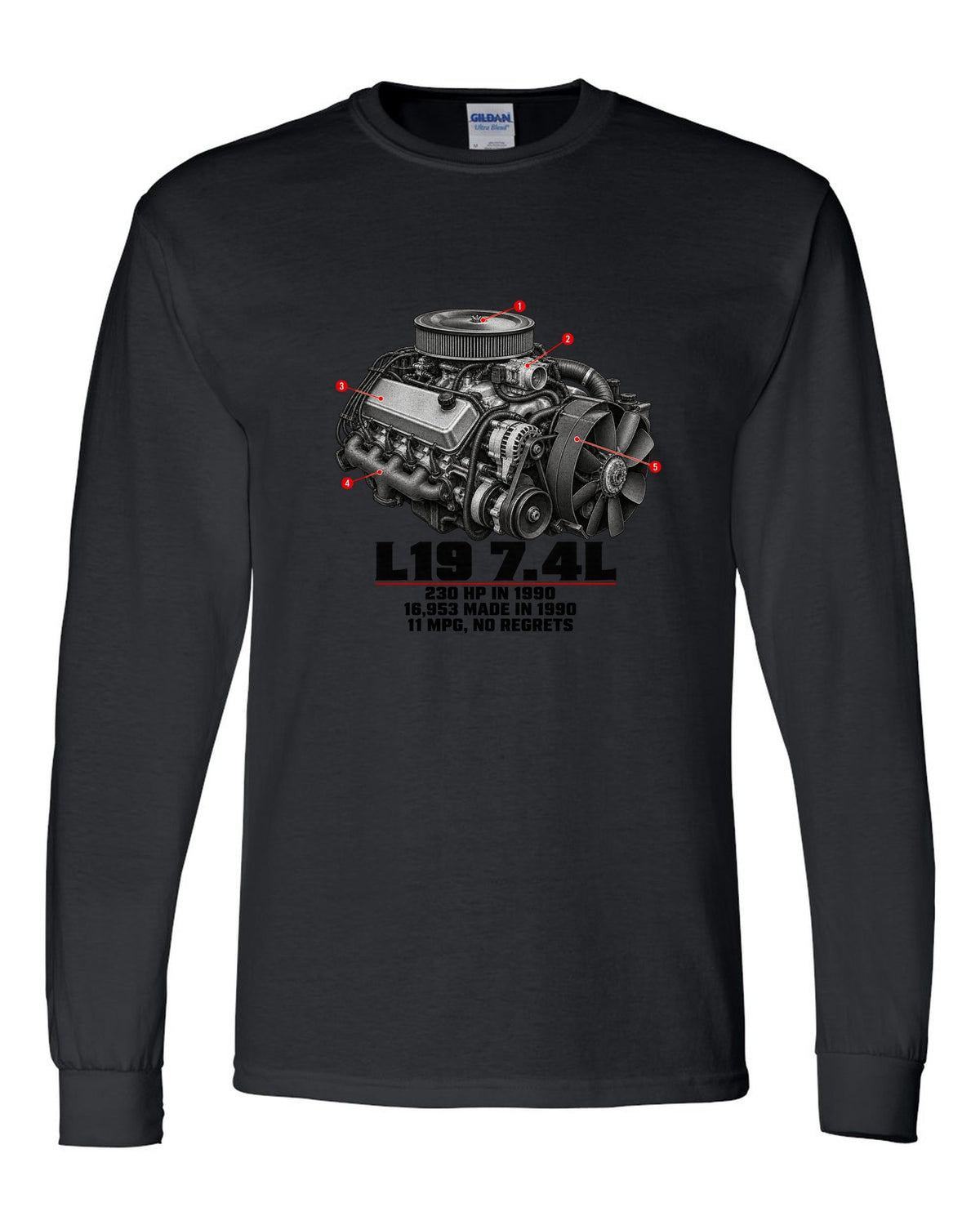 Engine print of a 1990-93 Chevrolet 454 SS pickup with L19 7.4L and 230 HP text black long sleeve front view with the design