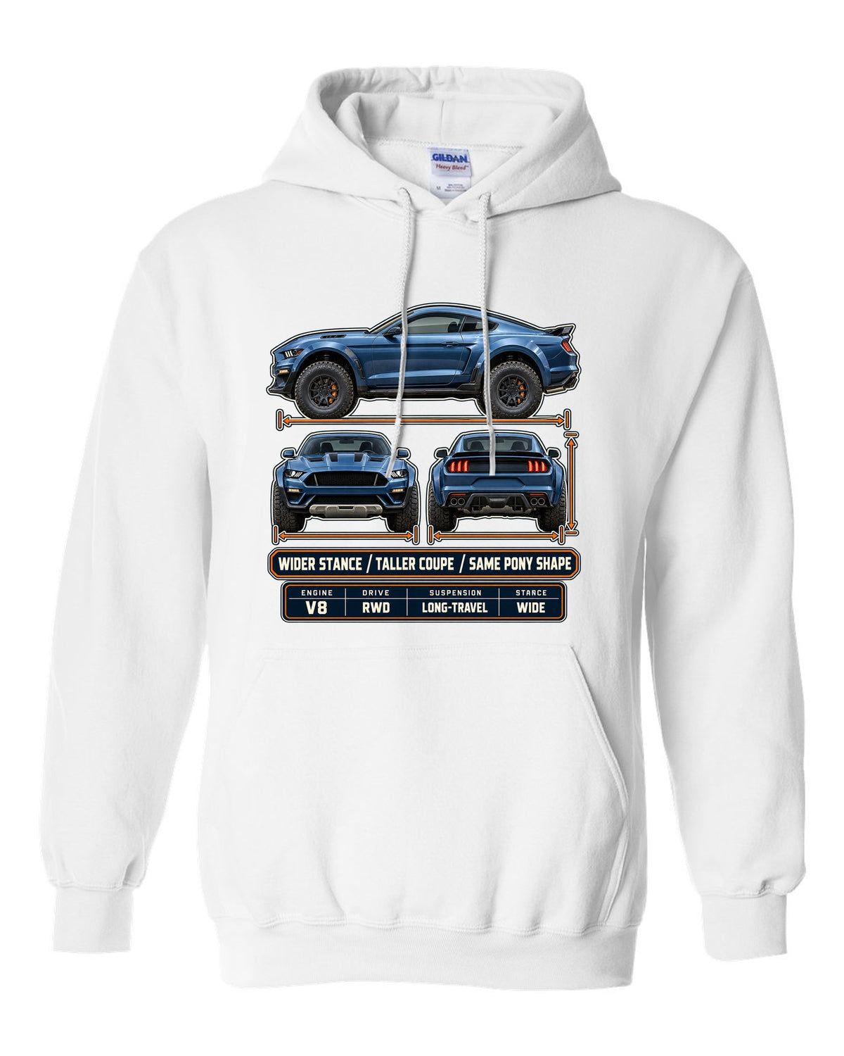 print of a Mustang Raptor concept three-view drawing with spec table and pony shape text white pull over hoodie front view with the design