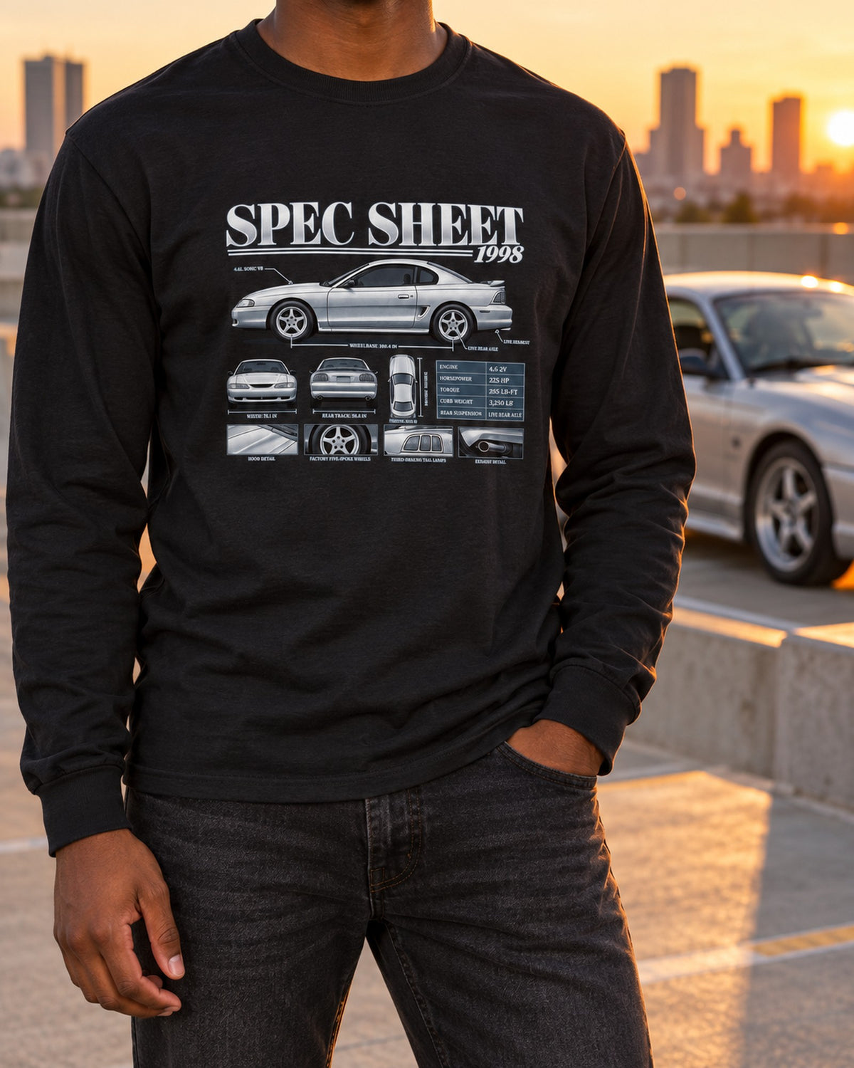 SN95 Mustang GT 1998 Spec Sheet Poster Shirt Long Sleeve Black worn hero