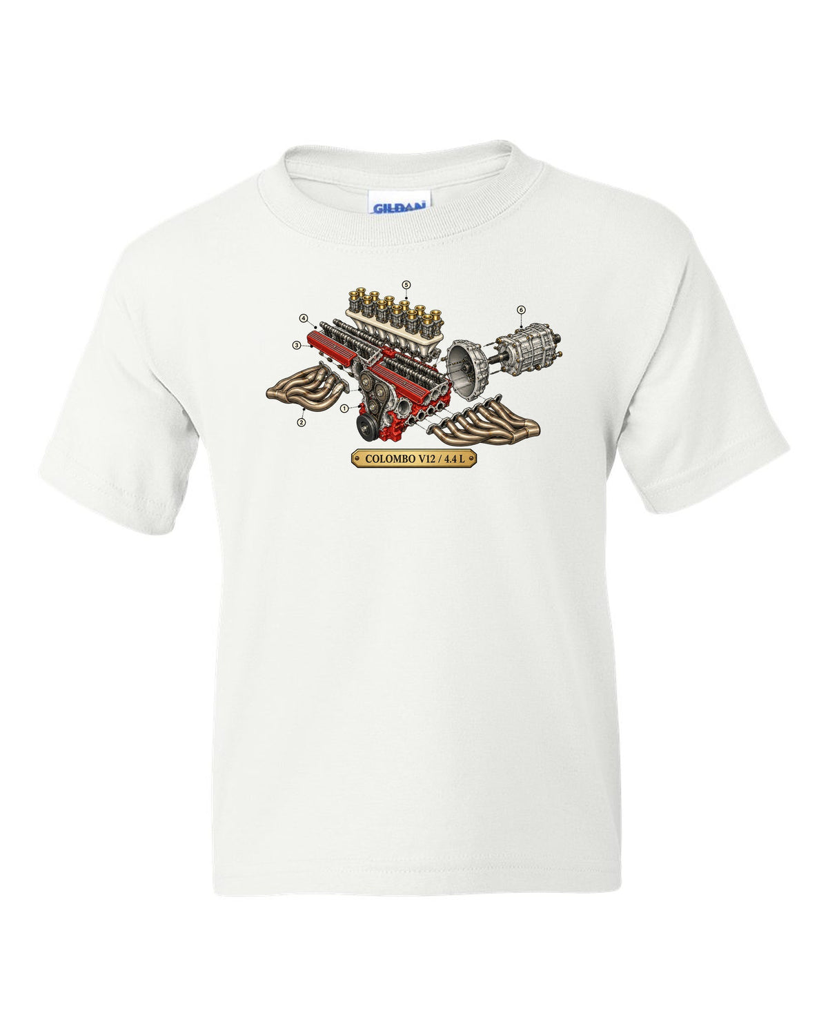 Exploded view of the Ferrari 365 GTB/4 Daytona Colombo V12 engine white kids tee front view with the design