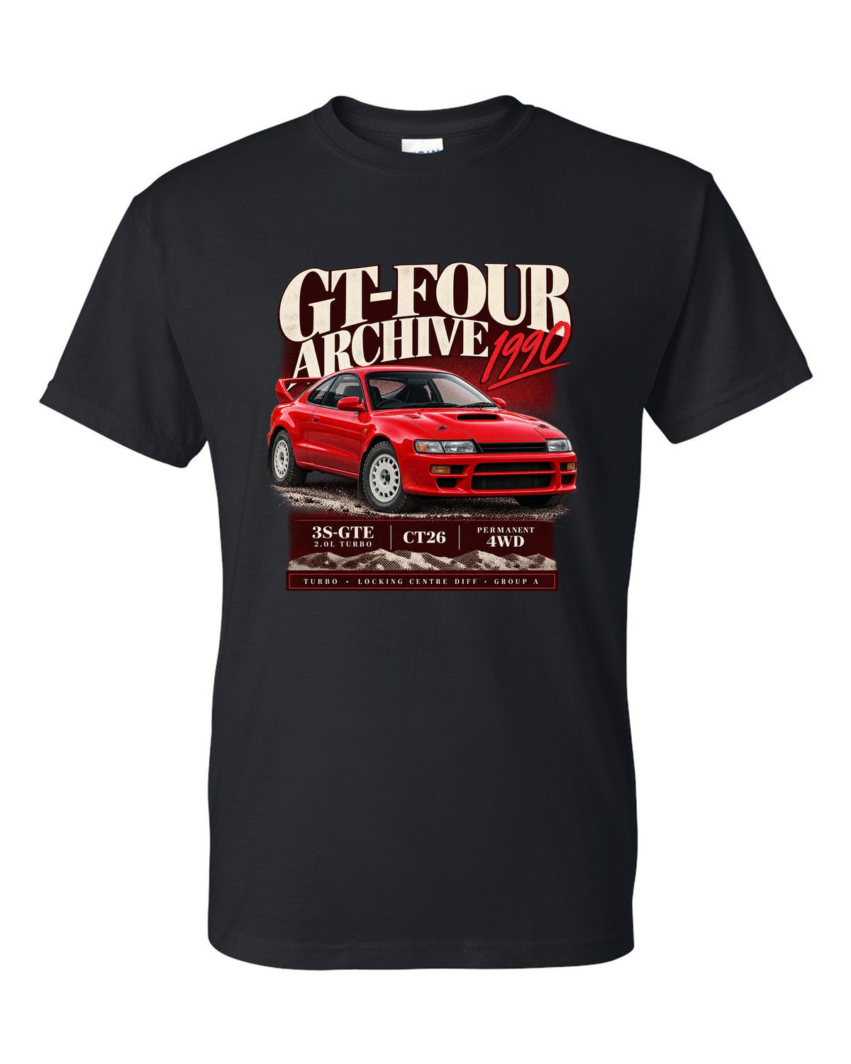 Archive panel print of a Toyota Celica GT-Four ST185 with 3S-GTE, CT26 and Group A text black t-shirt front view with the design