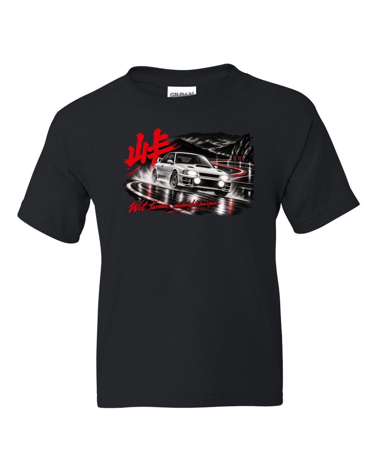 Subaru Impreza WRX GC8 coupe on a wet mountain hairpin at night with touge kanji black kids tee front view with the design