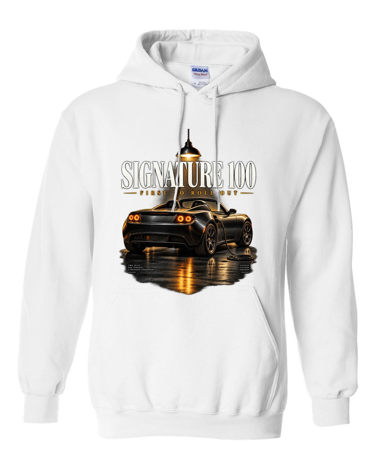 Tesla Roadster Gen 1 Signature 2008 in a night garage with the text Signature 100 first to roll out white pull over hoodie front view with the design