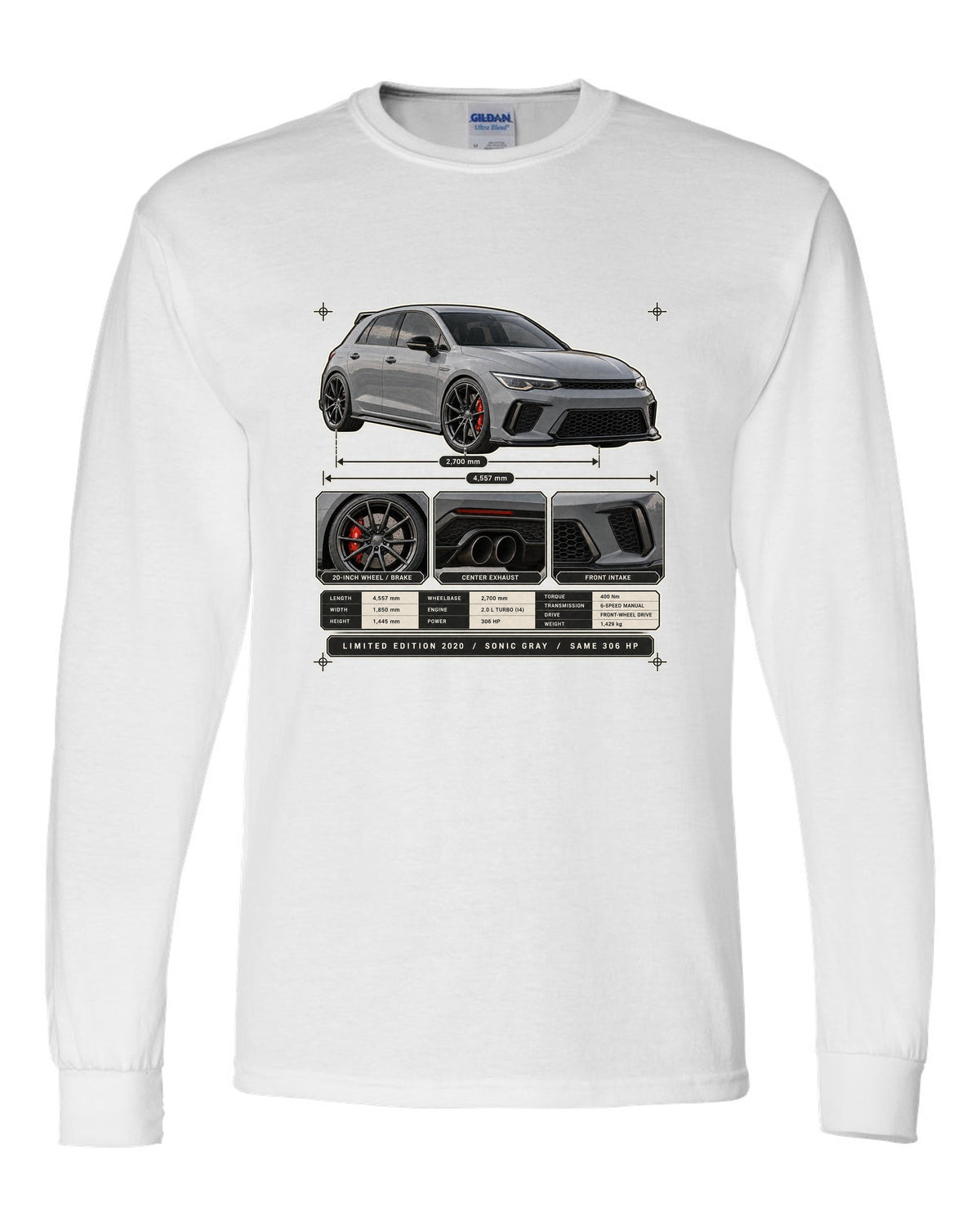 Dossier panel print of a Sonic Gray Pearl Honda Civic Type R FK8 Limited Edition white long sleeve front view with the design