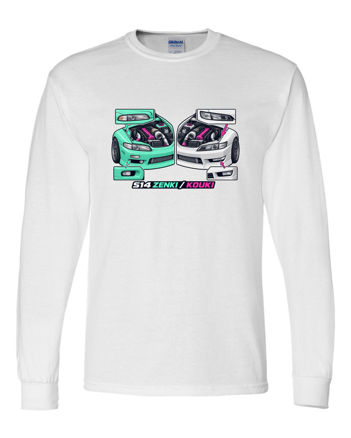 Isometric cutaway print of a 1993 Nissan Silvia S14 with Zenki and Kouki lettering white long sleeve front view with the design