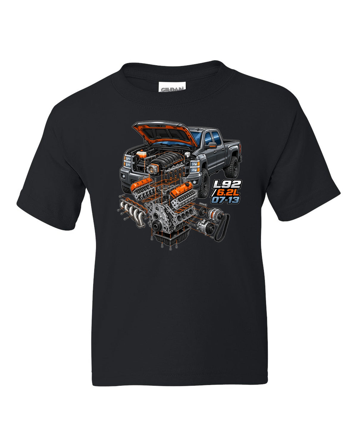 Isometric exploded engine cutaway print for a 2007-2013 Chevrolet Silverado GMT900 with L92 6.2L text black kids tee front view with the design
