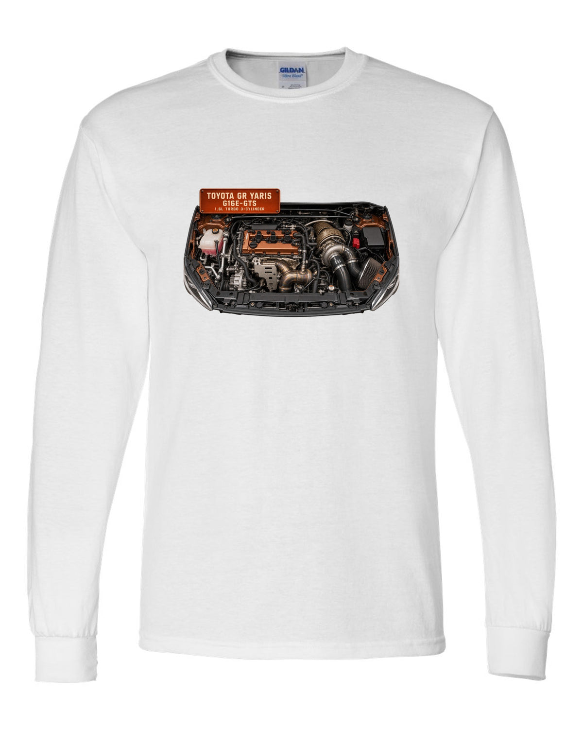 Toyota GR Yaris G16E-GTS three-cylinder turbo engine bay illustration white long sleeve front view with the design