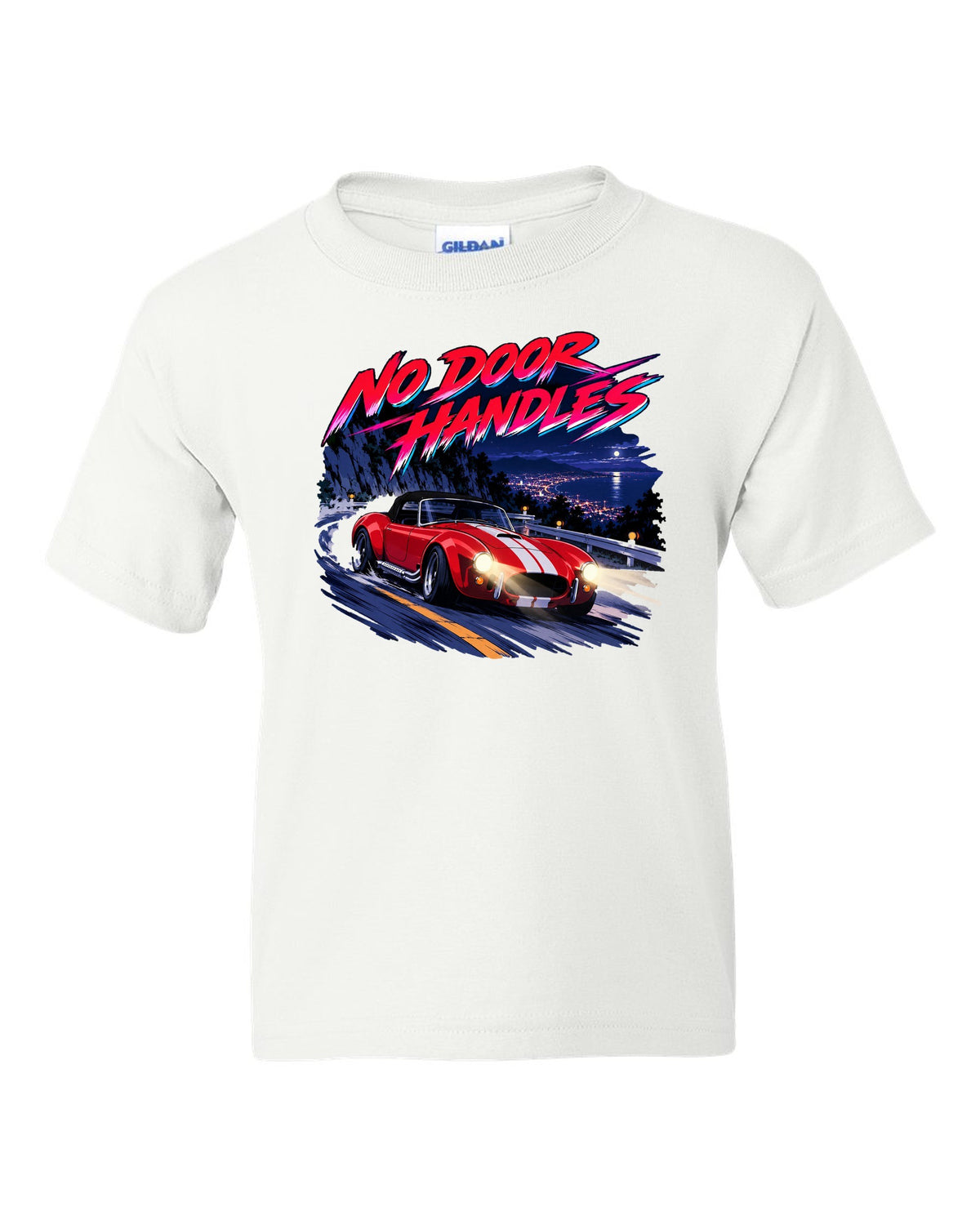 Cel-shaded anime night touge scene with a 1995 Dodge Viper RT/10 SR I and no door handles caption white kids tee front view with the design
