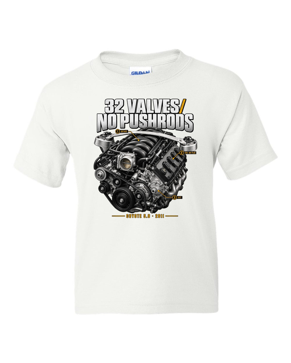 print of a Ford Mustang S197 GT 5.0 Coyote engine bay with callouts white kids tee front view with the design