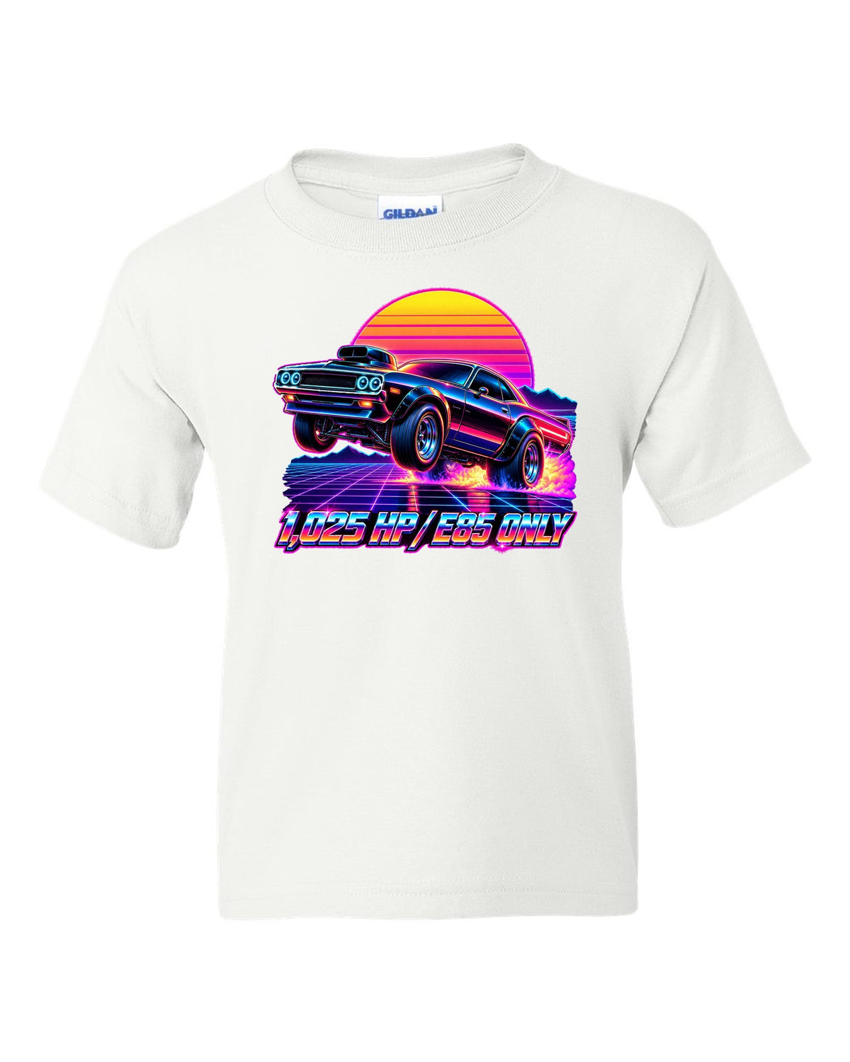 2023 Dodge Challenger Demon 170 synthwave neon outrun print with 1,025 HP E85 Only text white kids tee front view with the design