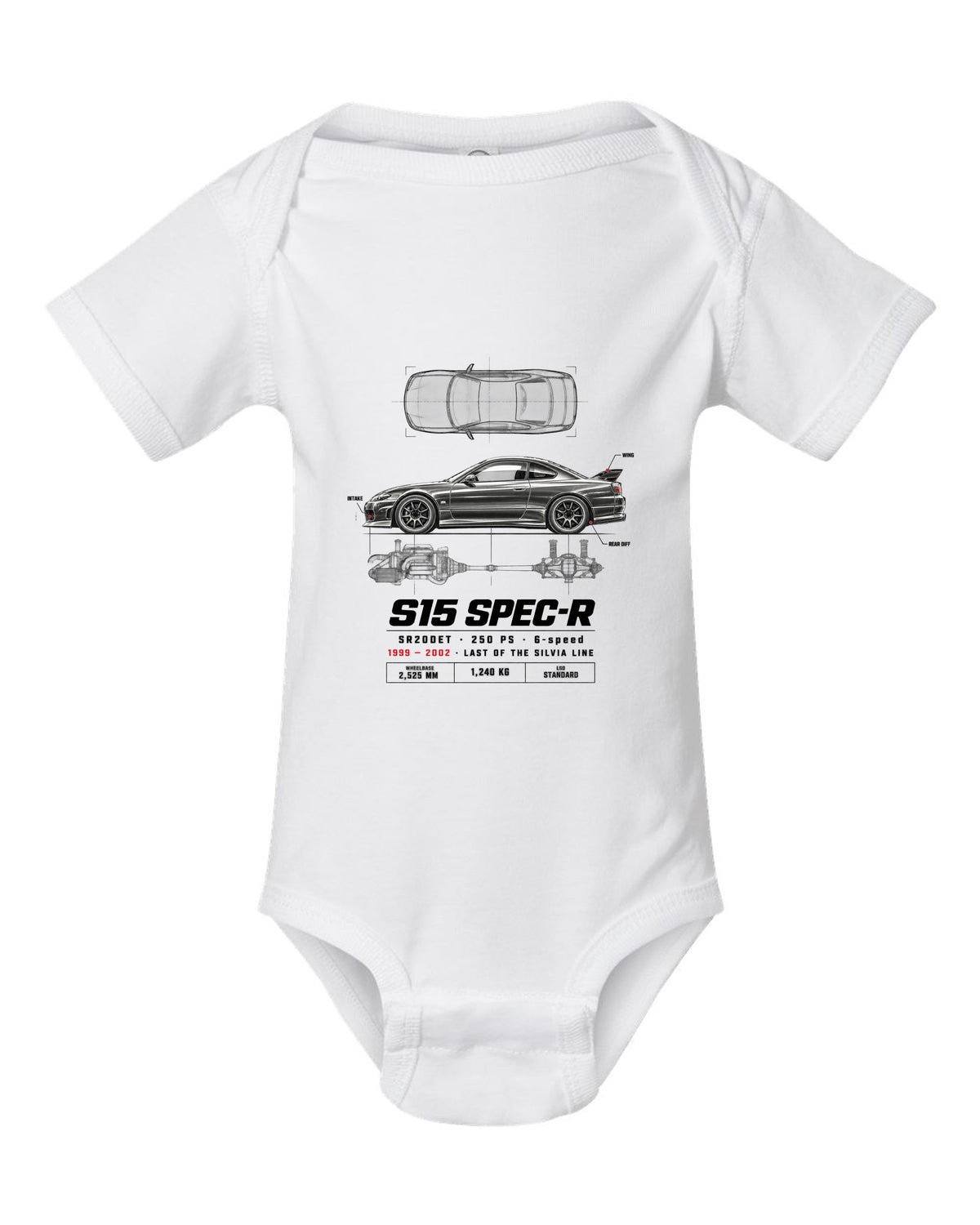 Spec poster print of a Nissan Silvia S15 Spec-R top-down profile with SR20DET data white baby onesie front view with the design