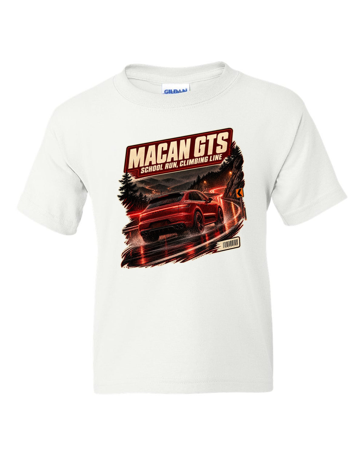 Wet mountain road print of a low front three-quarter Porsche Macan GTS 95B white kids tee front view with the design