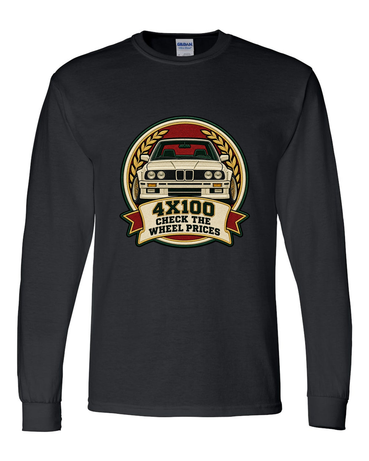 Varsity crest style print of a BMW E30 M3 with 4X100 wheel price joke text black long sleeve front view with the design