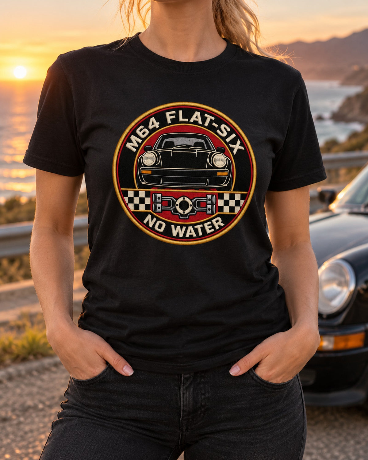 964 Porsche 911 Turbo M64 Flat-Six Round Crest Shirt T-Shirt Black worn hero