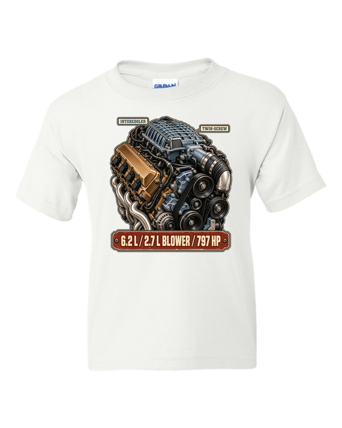 print of the supercharged 6.2L V8 from a Dodge Charger SRT Hellcat Redeye white kids tee front view with the design