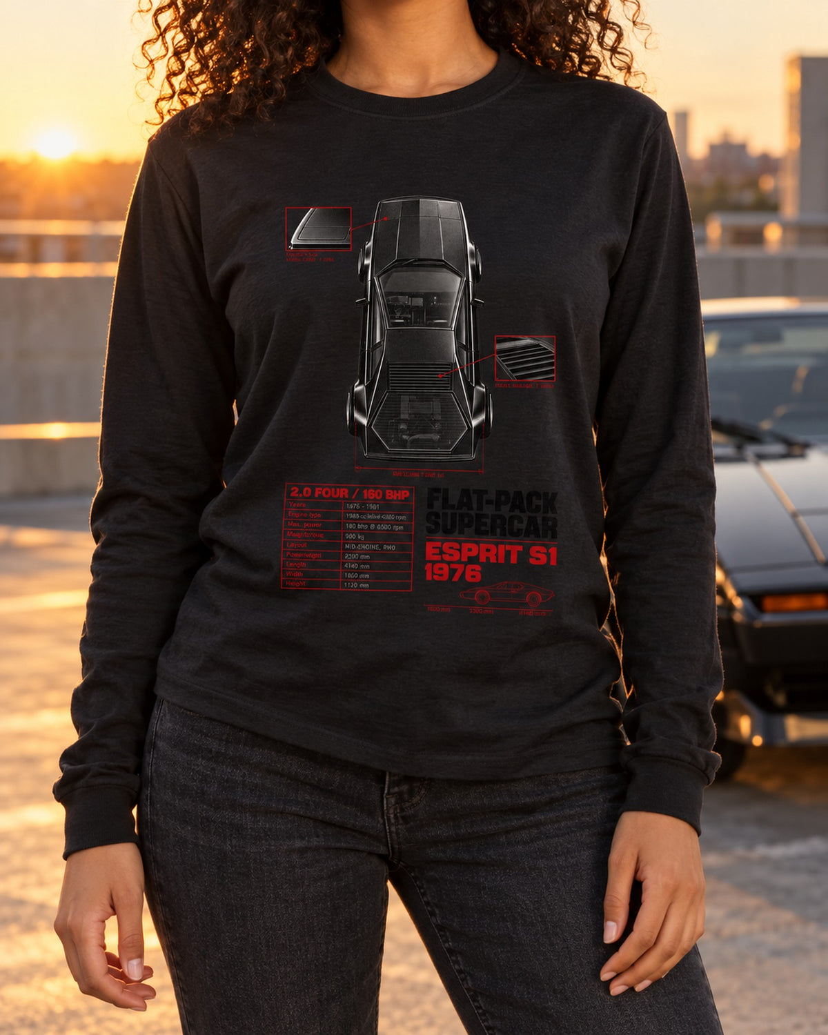 Lotus Esprit S1 1976 Top-Down Spec Poster Tee Long Sleeve Black worn hero
