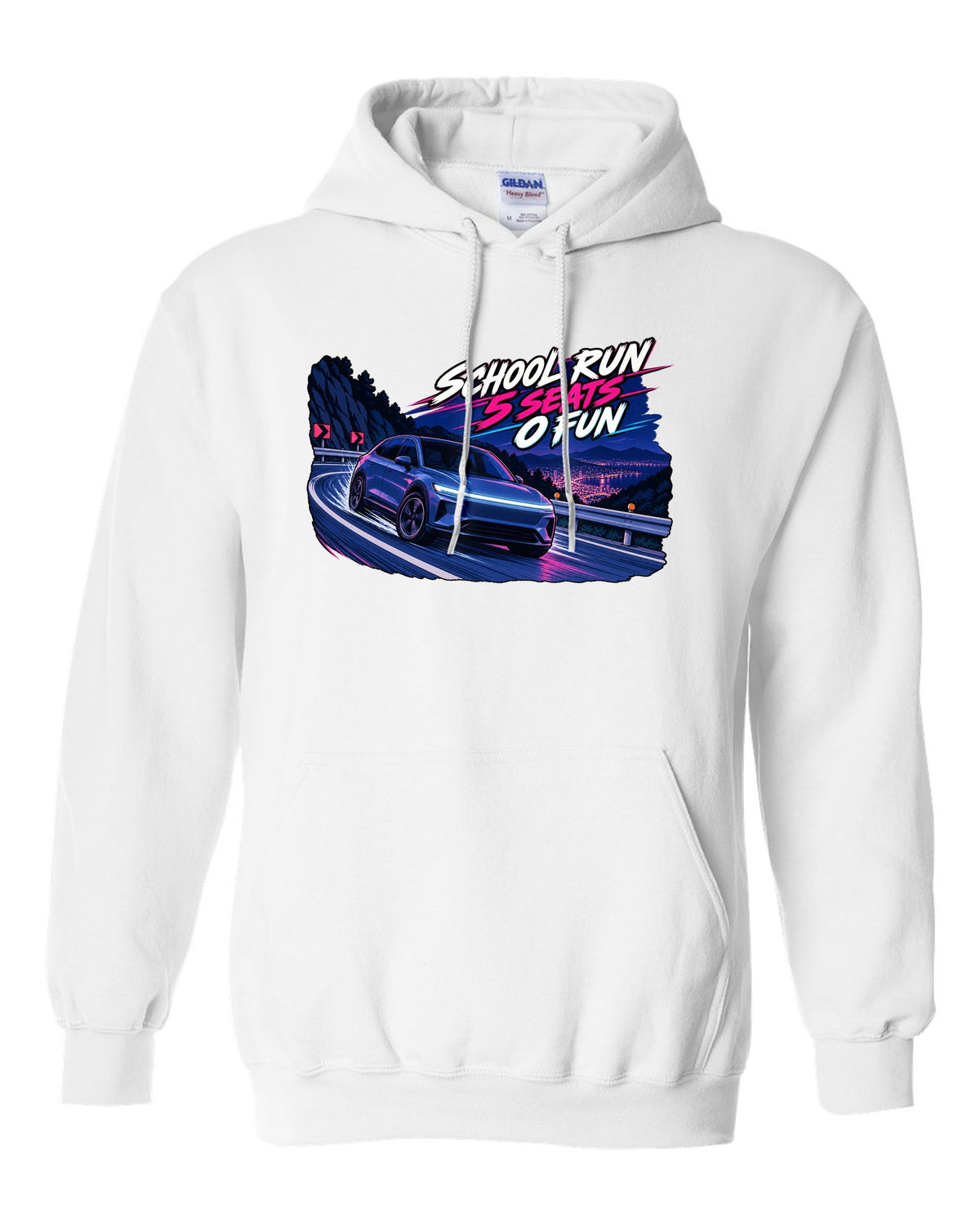 Cel-shaded 90s anime night touge print of a Tesla Model Y Juniper reading School Run 5 Seats 0 Fun white pull over hoodie front view with the design