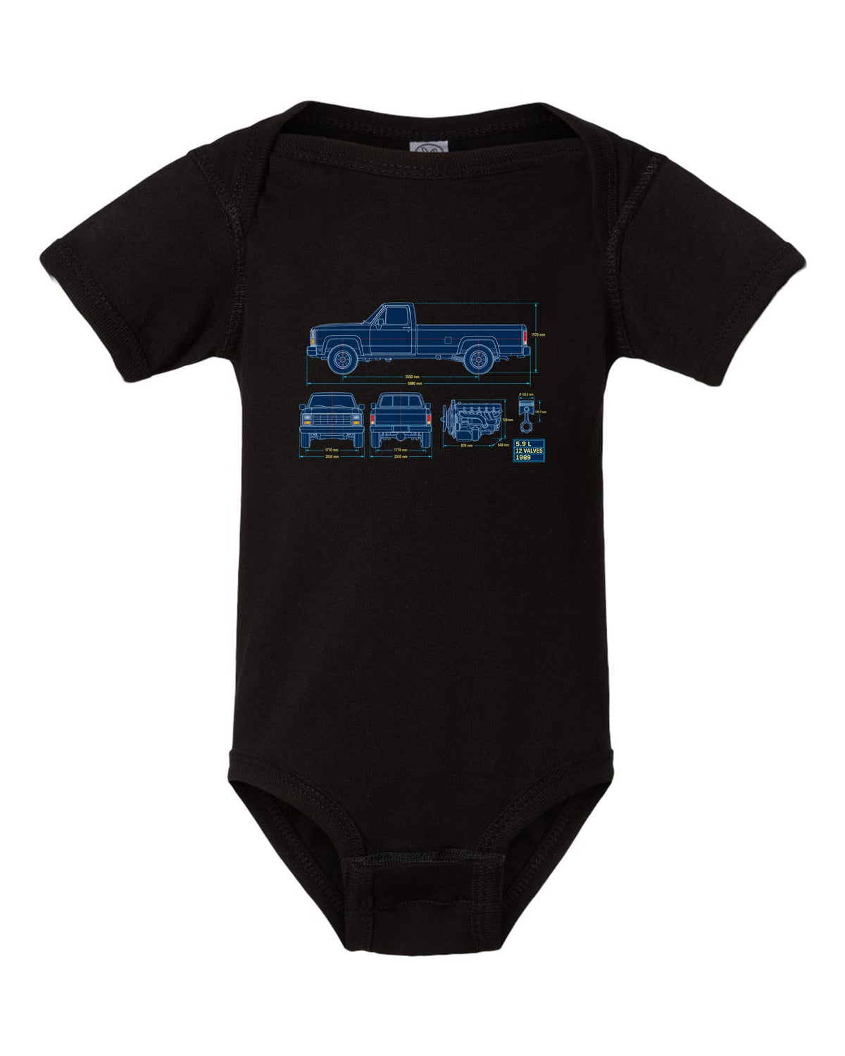 Blueprint line art print of a 1989-1993 Dodge Ram D250 Cummins with 5.9 L and 12 valves black baby onesie front view with the design