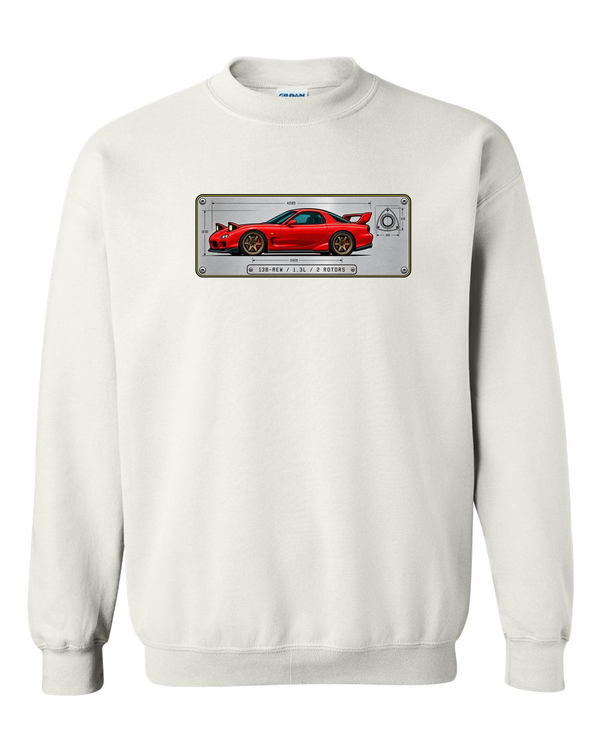Spec plate print for a Mazda RX-7 FD3S listing 13B-REW, 1.3L and 2 rotors white crewneck front view with the design