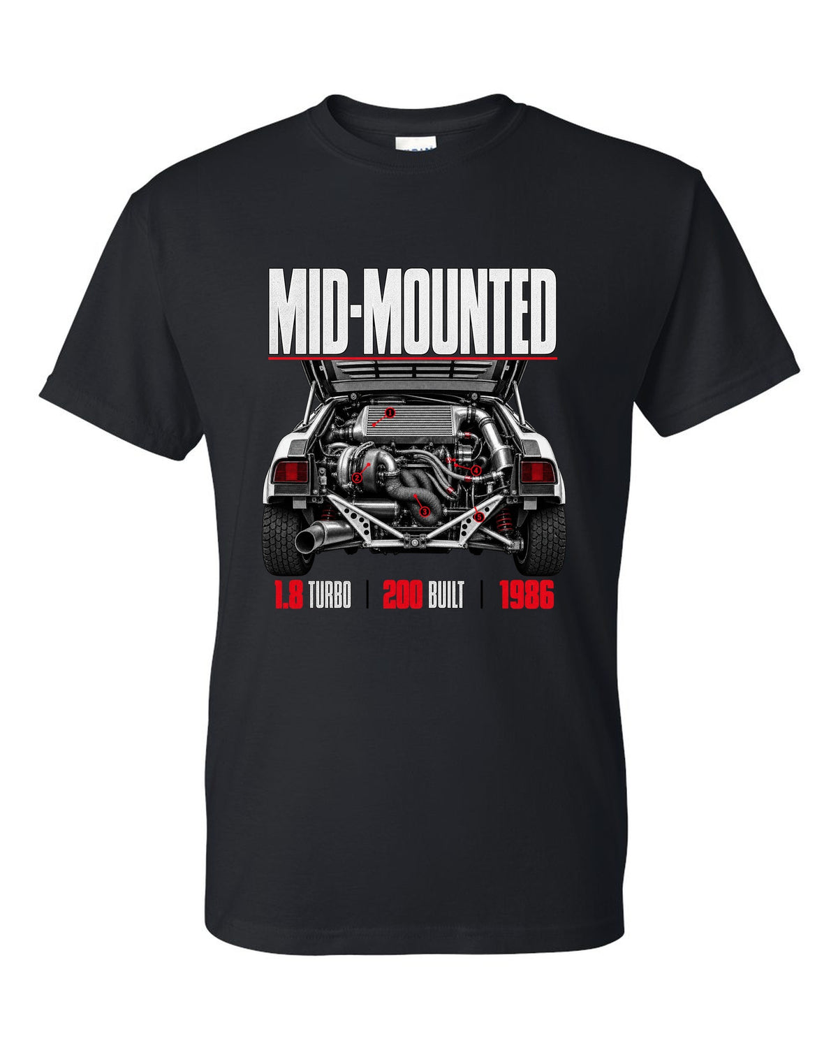 Ford RS200 Group B engine close-up print with mid-mounted turbo text black t-shirt front view with the design