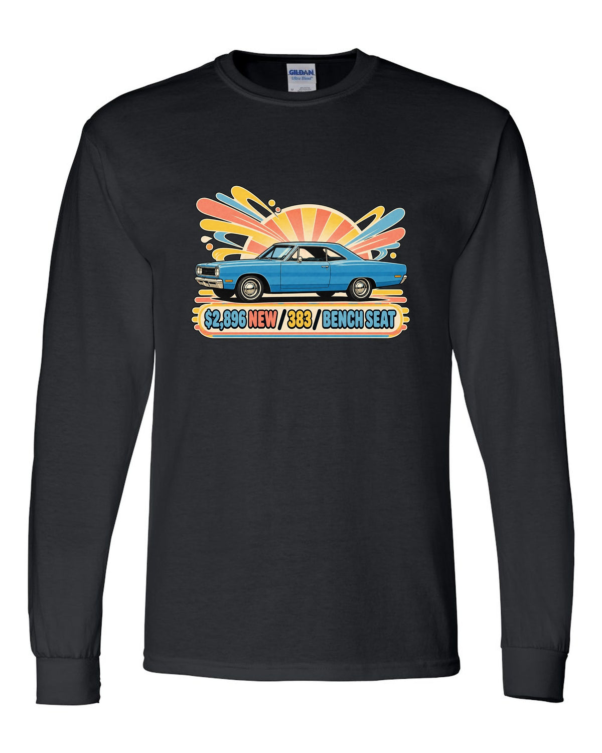 Retro Japanese showa catalogue ad of a 1968 Plymouth Road Runner with price 383 and bench seat text black long sleeve front view with the design