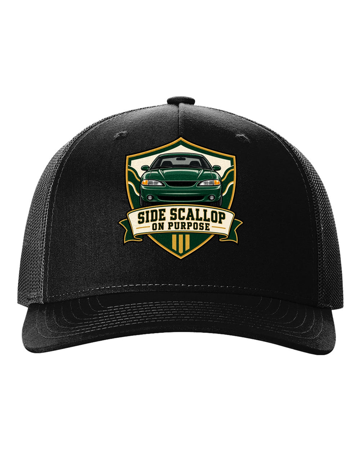SN95 Mustang 1994-98 Varsity Crest black hat front view with the design