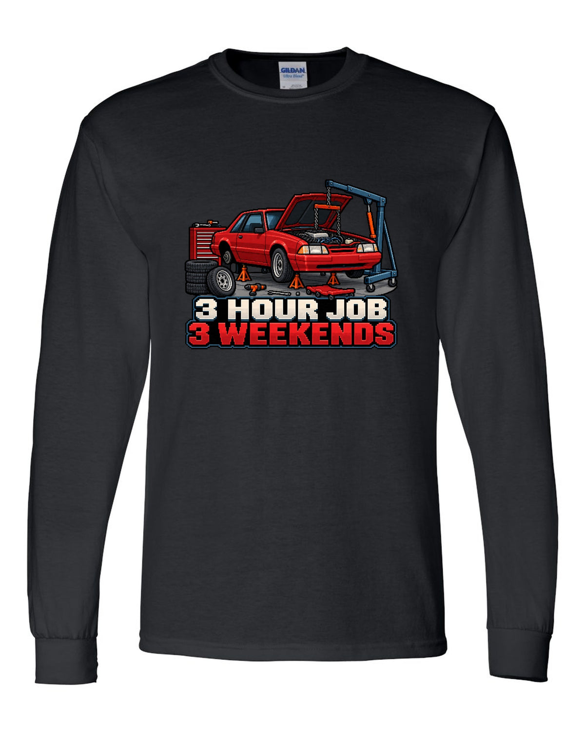 16-bit pixel art print of a 1989 Ford Mustang Fox Body notchback in a workshop black long sleeve front view with the design