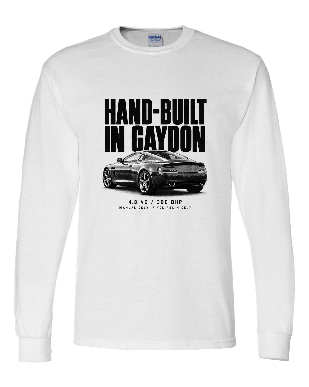 Aston Martin V8 Vantage 2005 halftone print with Gaydon text white long sleeve front view with the design