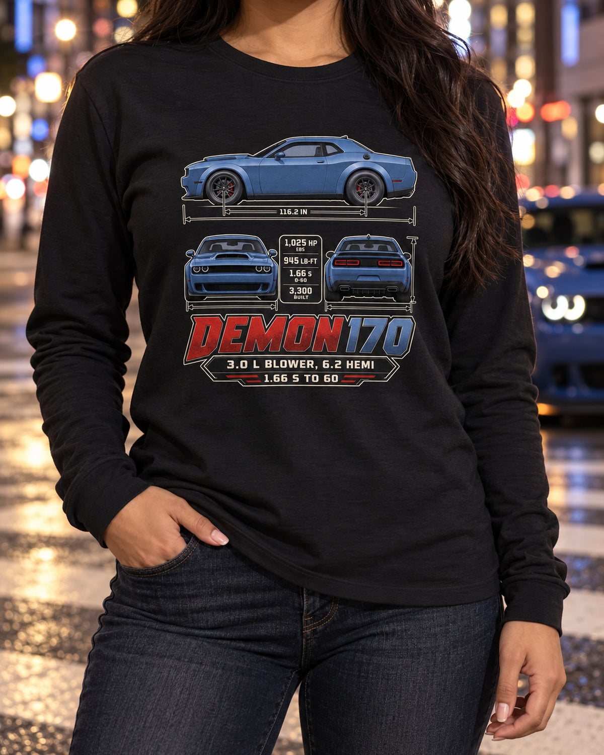Dodge Challenger SRT Demon 170 Dimension Blueprint Shirt Long Sleeve Black worn hero
