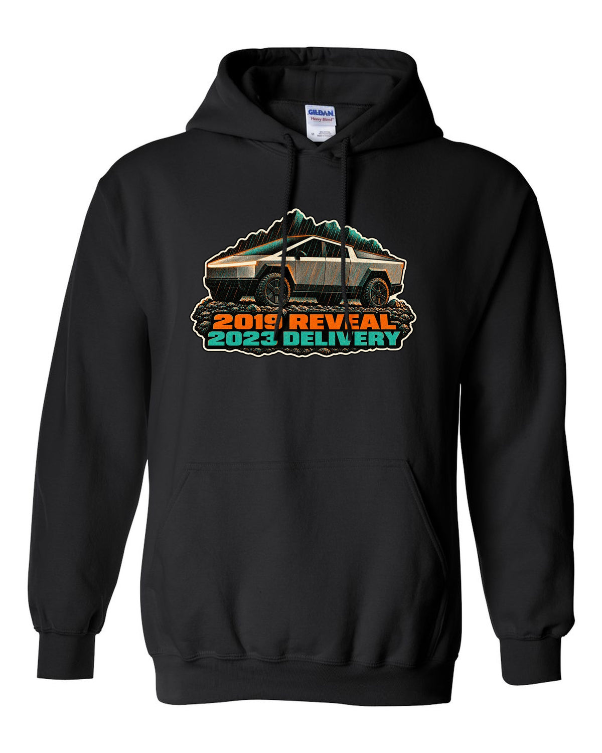 Risograph two-colour print of a 2023 Tesla Cybertruck in gravel and rain with 2019 Reveal 2023 Delivery lettering black pull over hoodie front view with the design