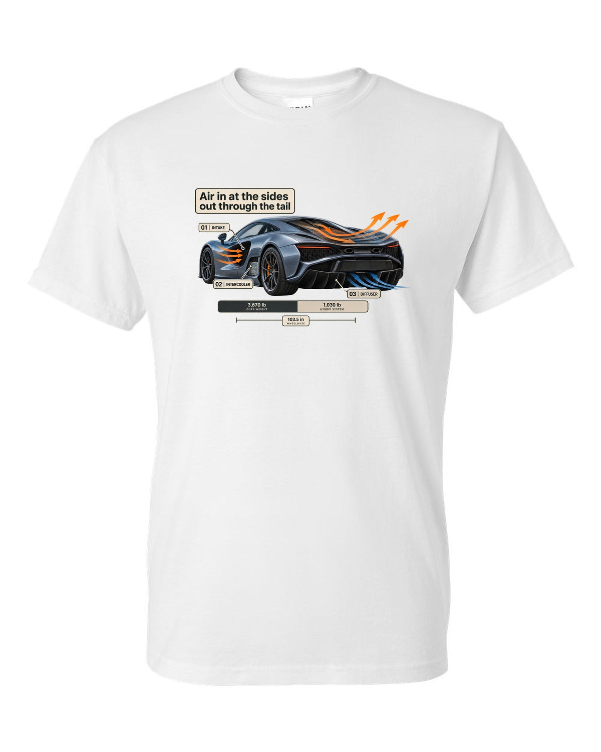 Aero cutaway print of a 2019 Acura NSX NC1 with airflow callouts white t-shirt front view with the design