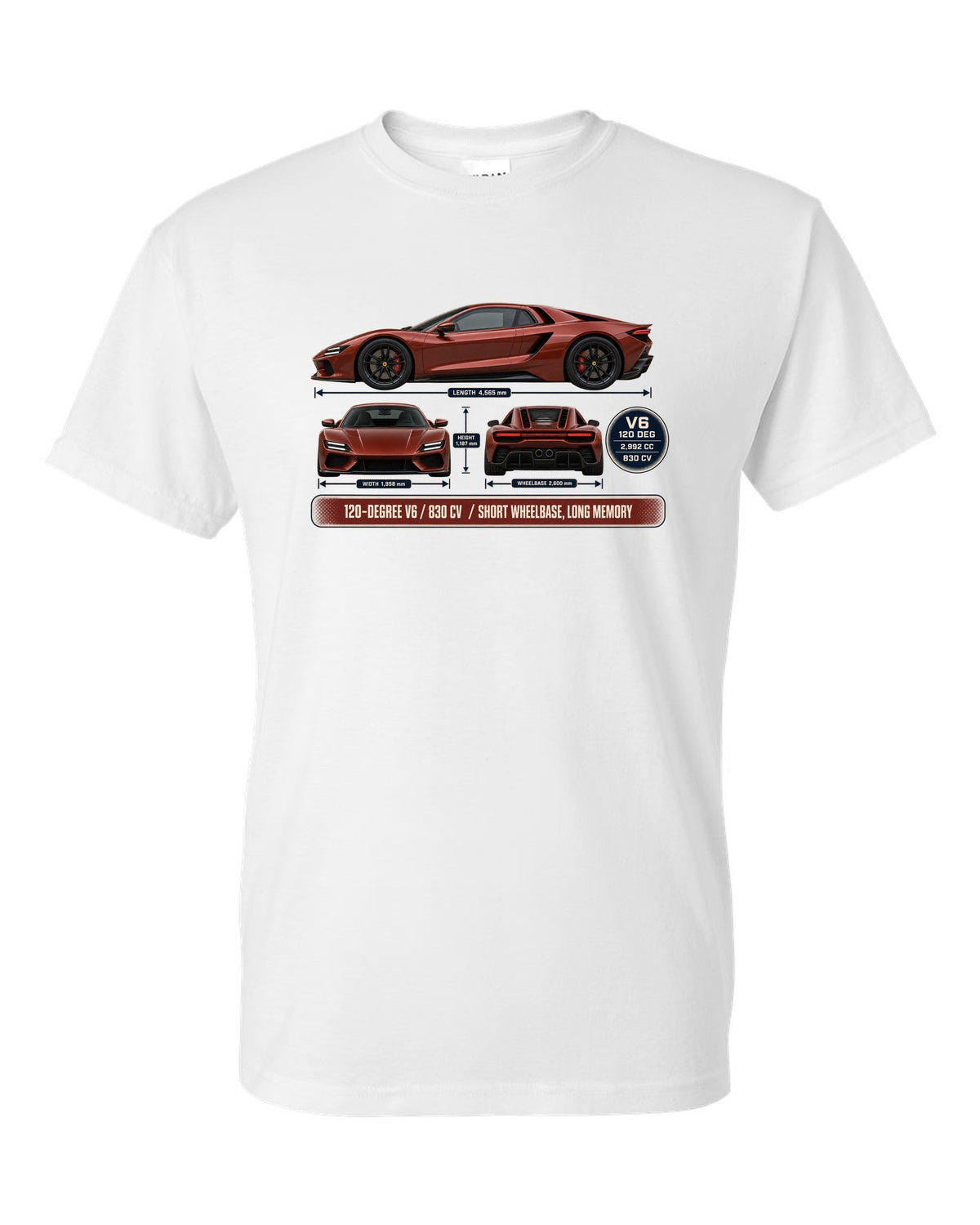 print three-view drawing with spec table of a Ferrari 296 GTB in brick red white t-shirt front view with the design