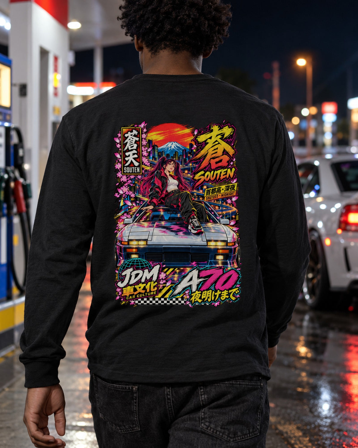 SOUTEN A70 Anime Girl Full-Back Graphic Tee Long Sleeve Black worn hero