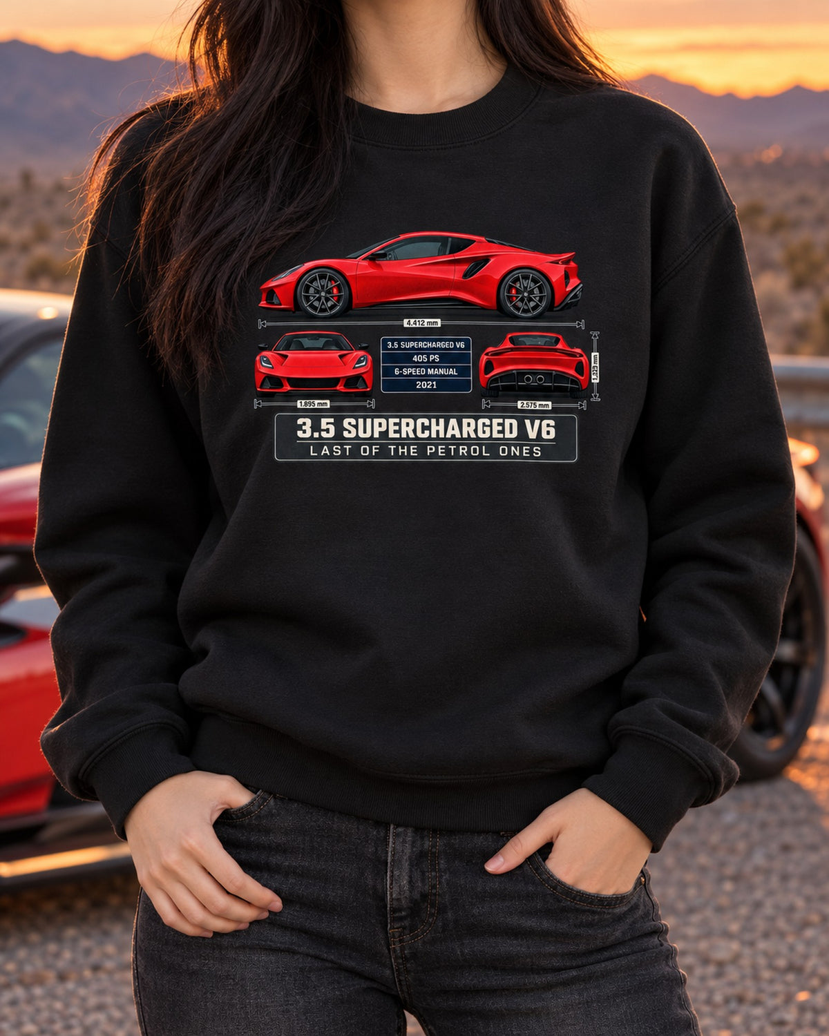 Lotus Emira V6 First Edition Spec Poster Tee, 3.5 Supercharged Crewneck Black worn hero