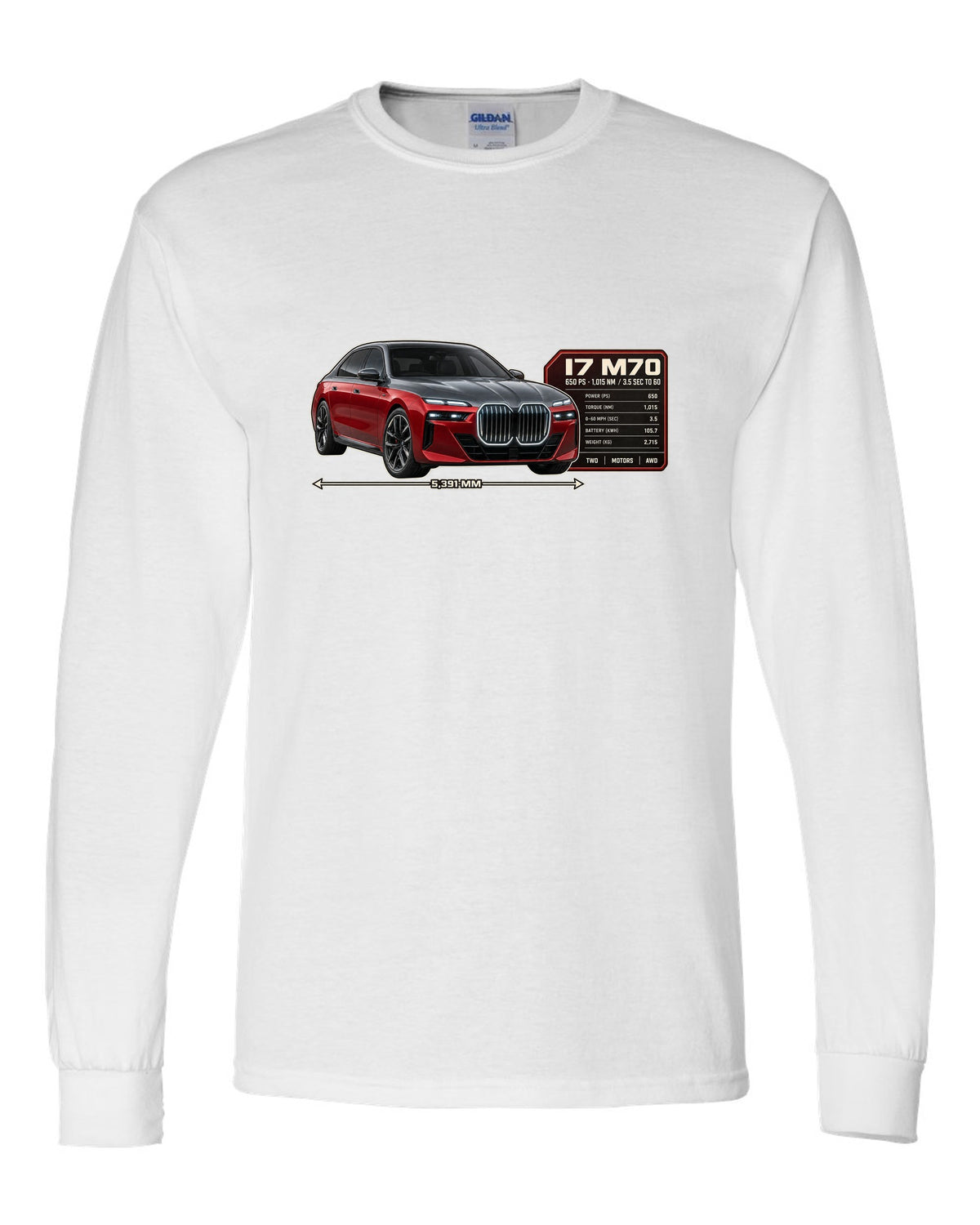 Spec poster print of the BMW i7 M70 xDrive with 650 PS and 1,015 Nm white long sleeve front view with the design