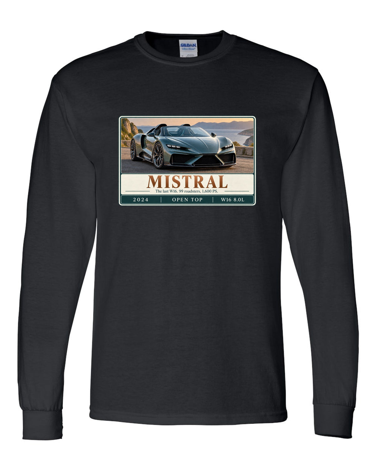 Bugatti Mistral roadster editorial headline print about the last W16 black long sleeve front view with the design