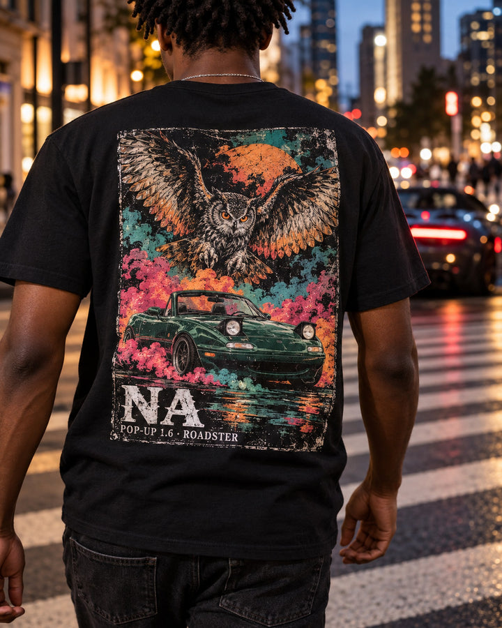 Mazda MX-5 Miata Owl T-Shirt worn hero