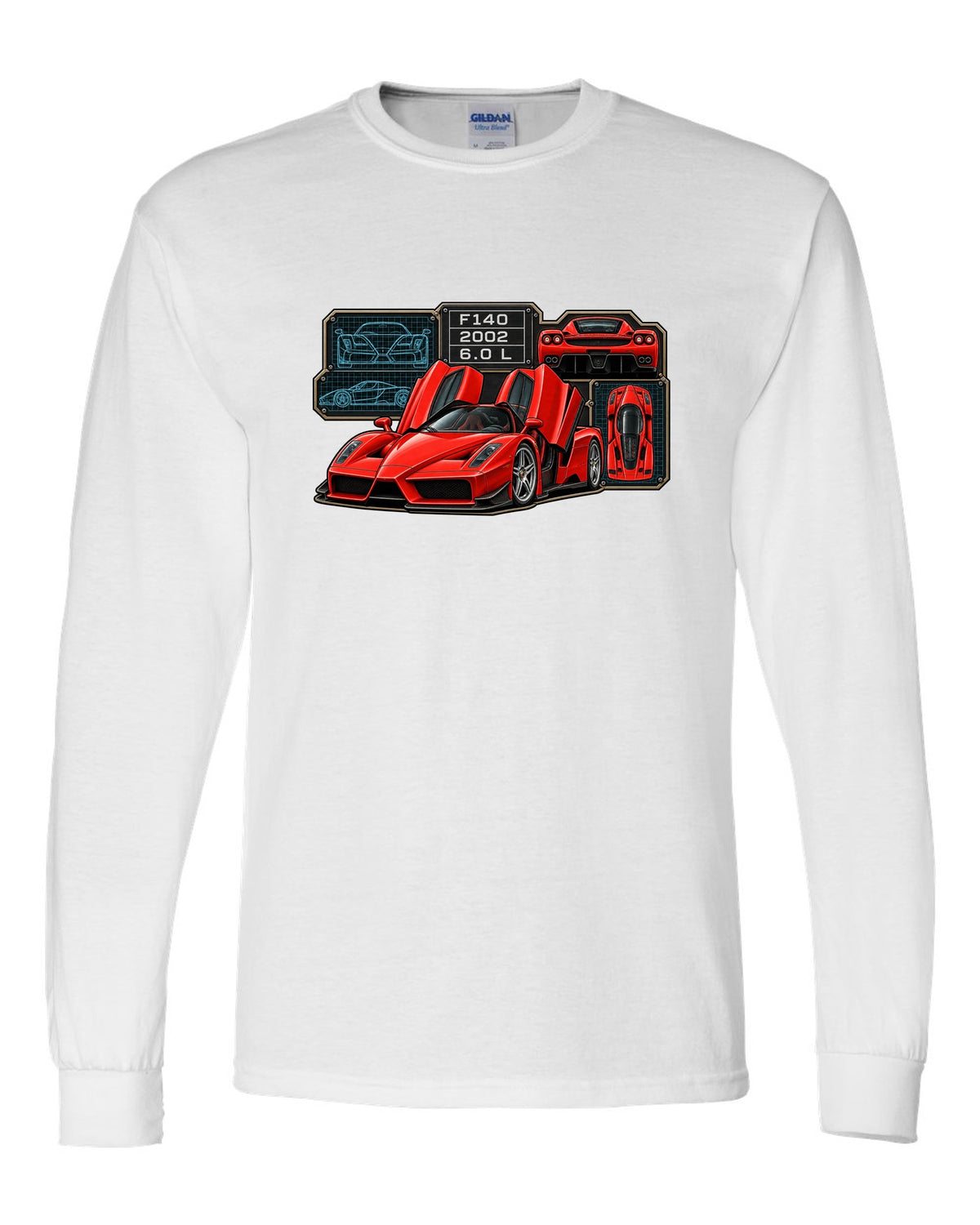 Spec-sheet data plate print of the Ferrari Enzo F140 with the text F140, 2002, 6.0 L white long sleeve front view with the design