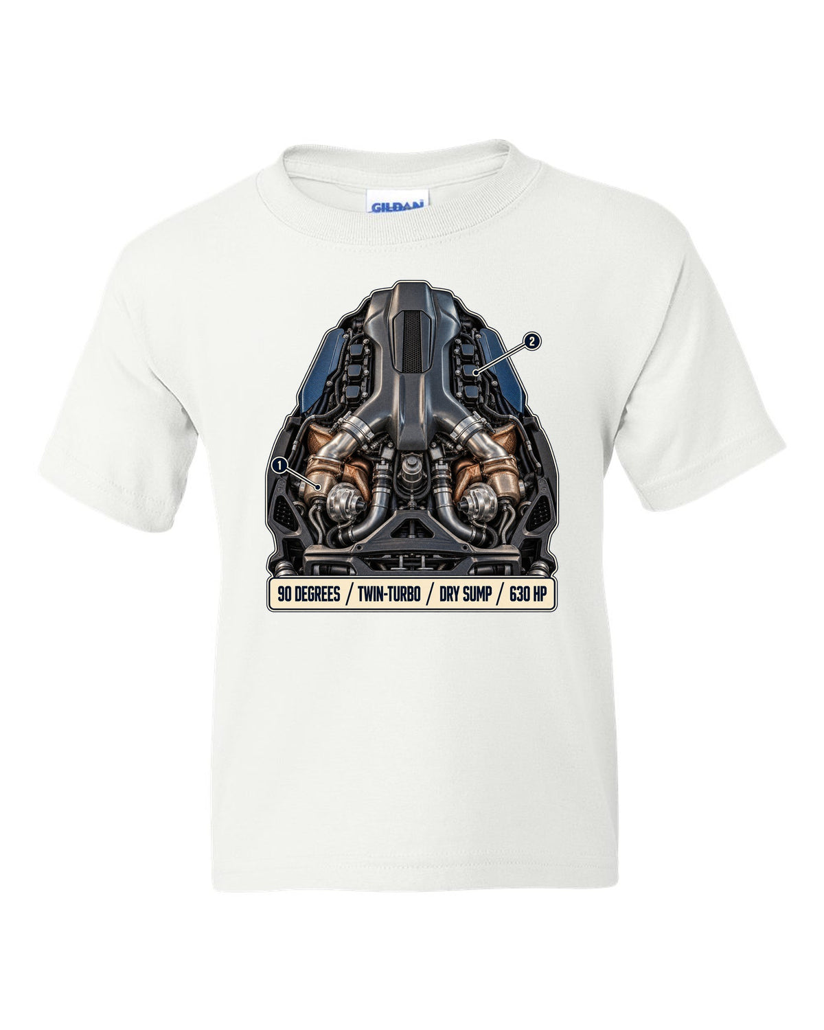 Maserati MC20 Nettuno V6 engine hero illustration, print white kids tee front view with the design