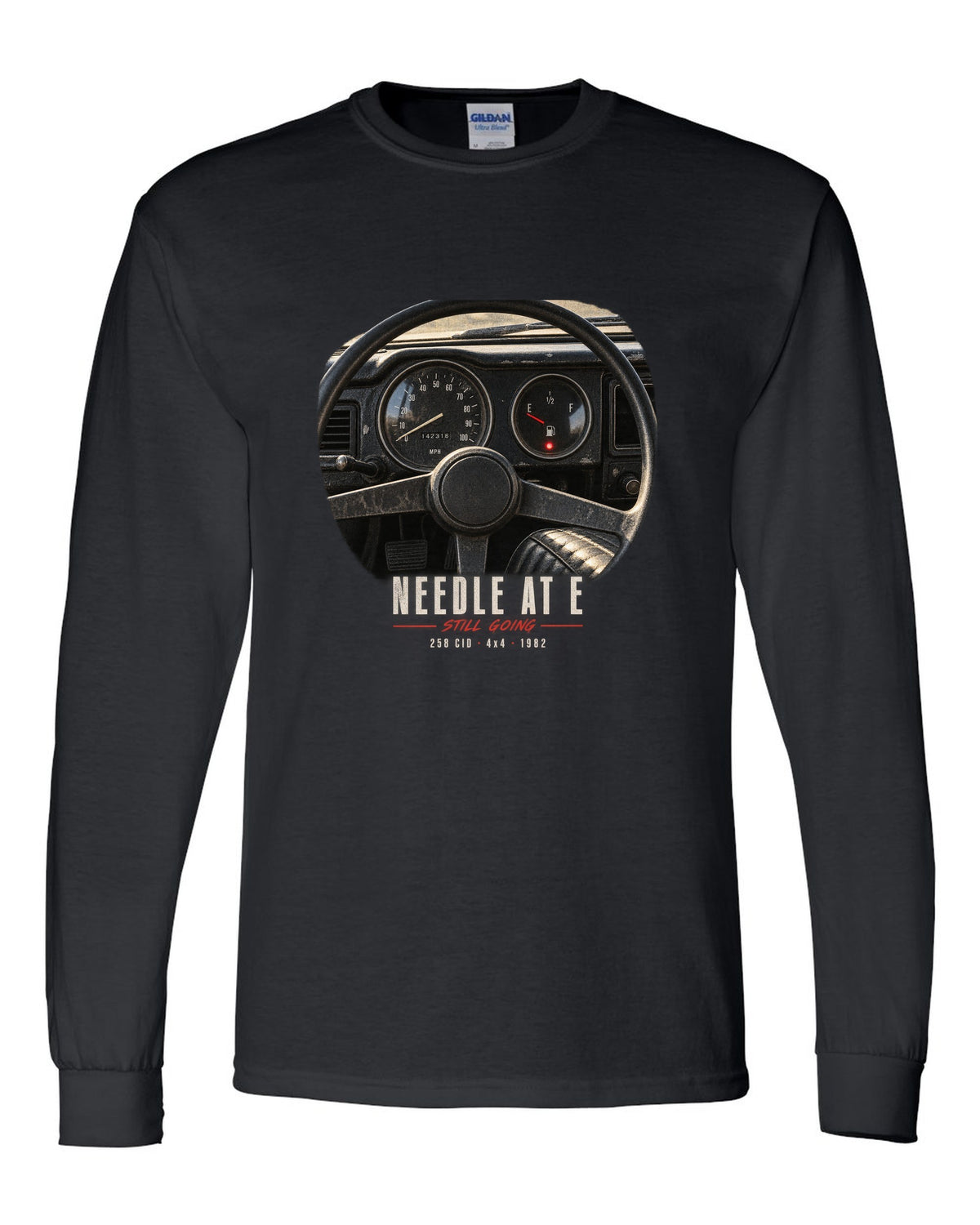 Gauge cockpit print for the Jeep CJ-7, Needle At E Still Going black long sleeve front view with the design
