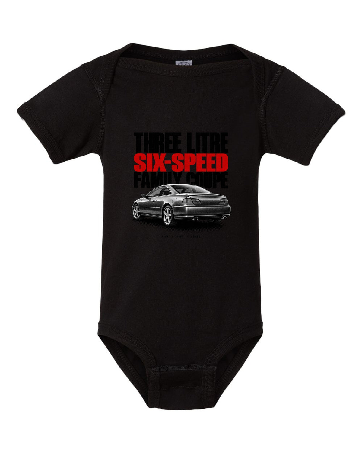 Halftone print for the 2005 Honda Accord V6 coupe reading three litre, six-speed, family coupe black baby onesie front view with the design