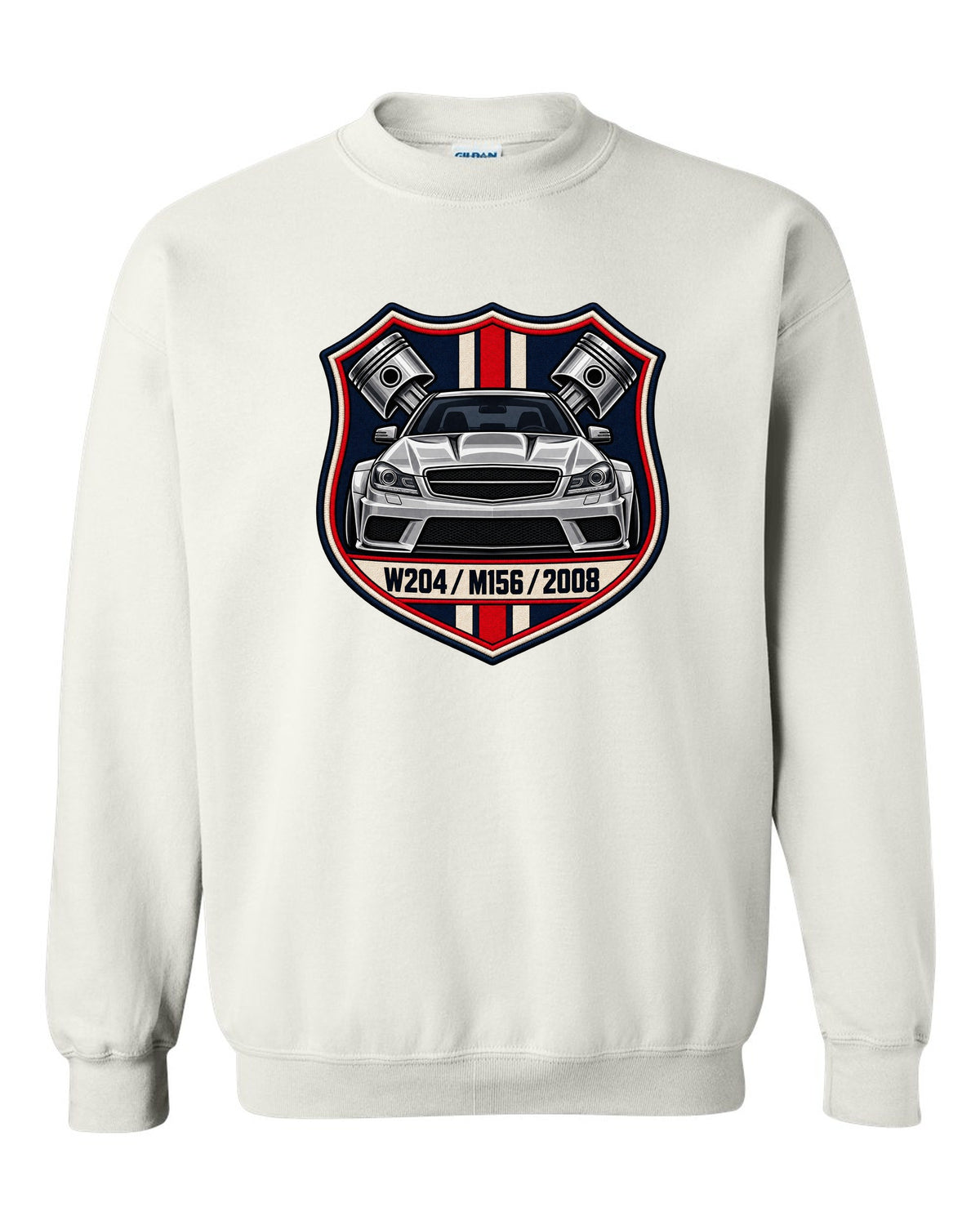 Embroidery-style varsity crest for Mercedes C63 AMG W204 with M156 and 2008 white crewneck front view with the design