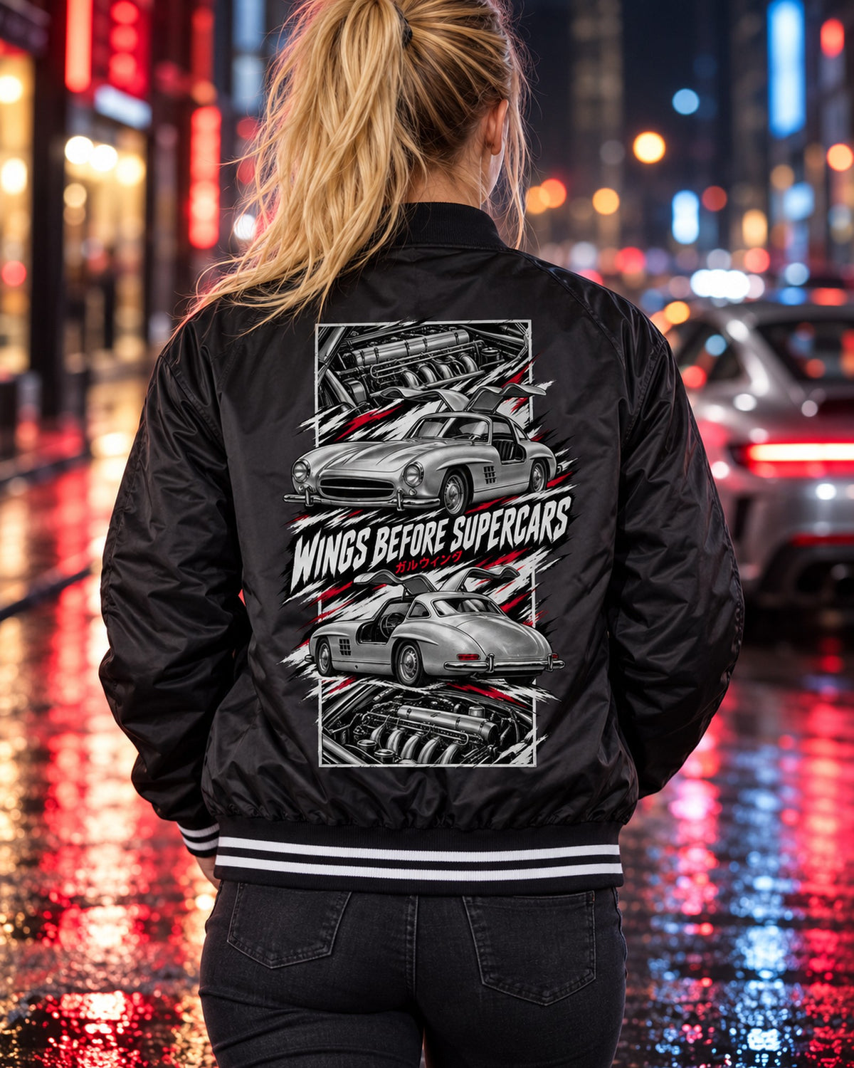 Mercedes 300 Sl Torn Poster Full-Back Graphic Tee Bomber Jacket Black worn hero