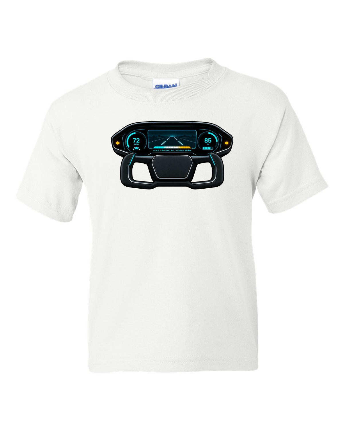 Gauge-cluster HUD design for a 2021 Tesla Model S Plaid with the words Yoke No Stalks Guess Blink white kids tee front view with the design
