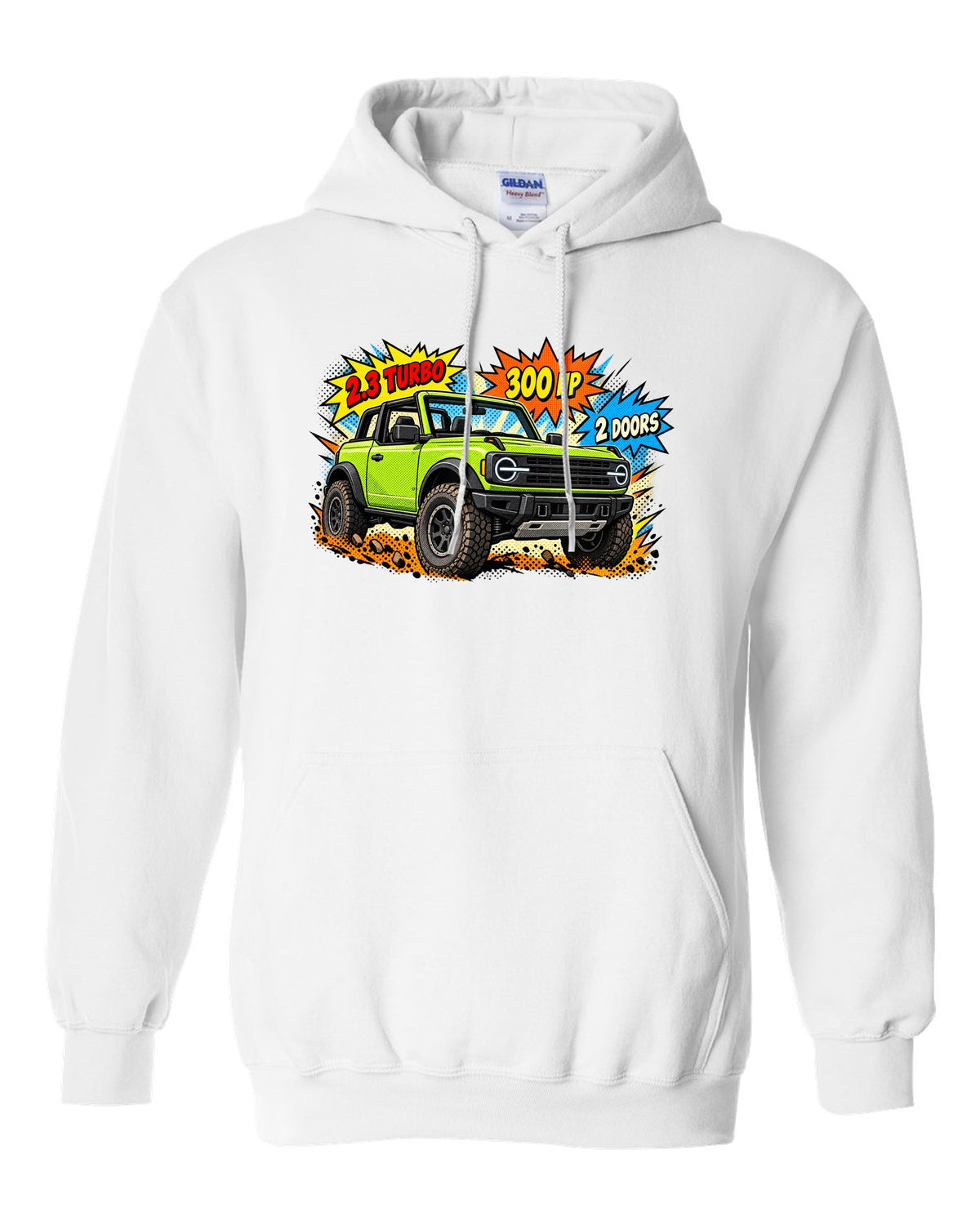 Comic halftone pop-art of a 2021 Ford Bronco 2-door with round headlights and 2.3 TURBO 300 HP lettering white pull over hoodie front view with the design